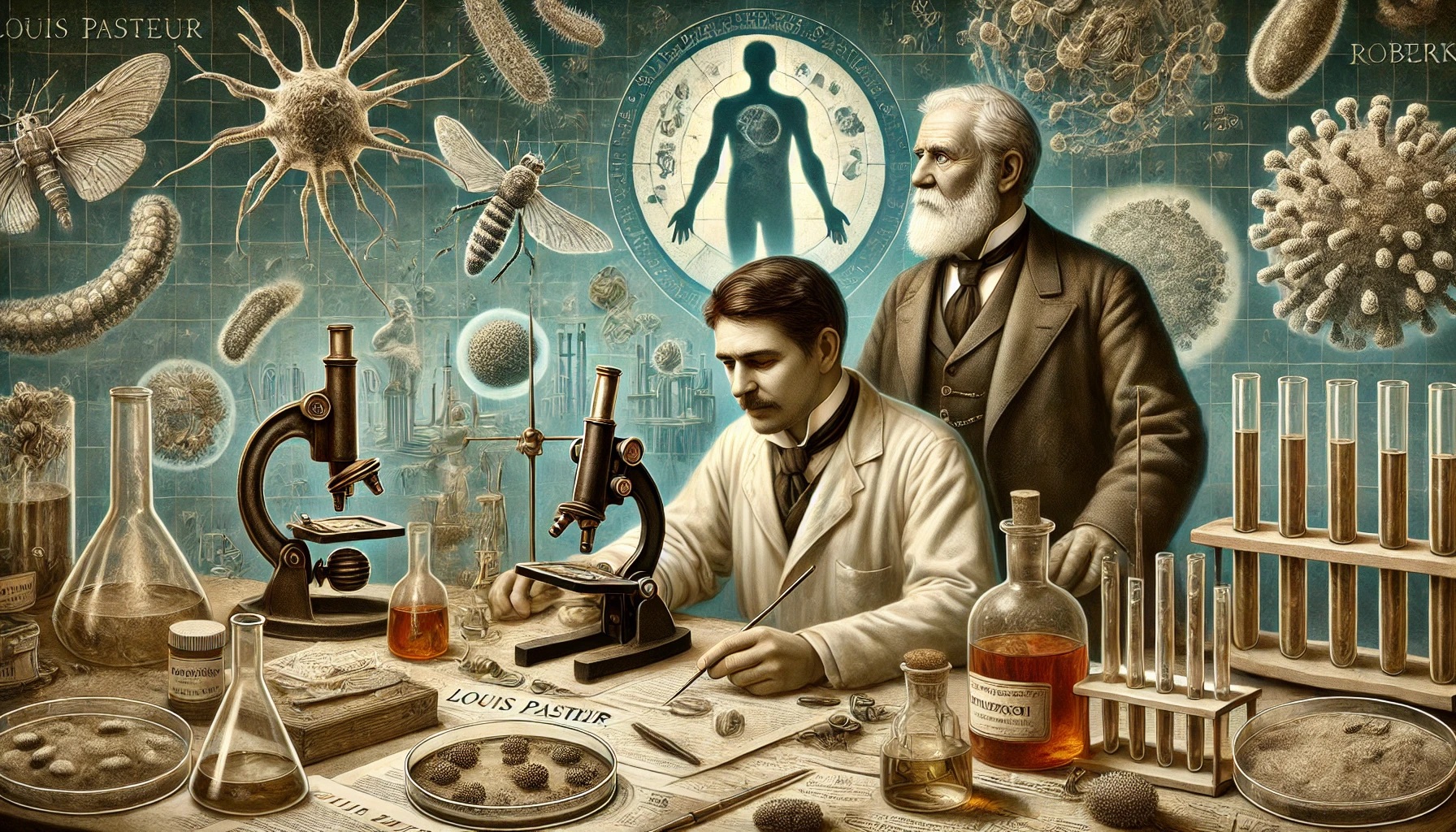  Ilustracja przedstawia Louisa Pasteura i Roberta Kocha w symbolicznym środowisku naukowym, wok&oacute;ł pełno naczyń laboratoryjnych. Jeden z mężczyzn w białym fartuchu siedzi przy mikroskopie, drugi stoi za jego plecami. 